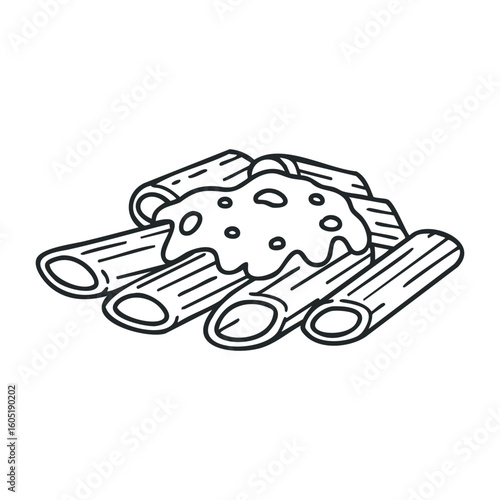 Black and white illustration of rigatoni pasta with cheese sauce. Vector illustration