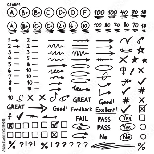 Handwritten Feedback Marks and Grades for Assessments Black and White Presentation of Educational Symbols and Notations