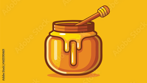 Dripping honey jar with wooden dipper on yellow background honey dipper wooden utensil