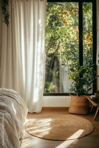 Sunlight Filtering Through Curtains in a Cozy Indoor Space With Lush Plants.
