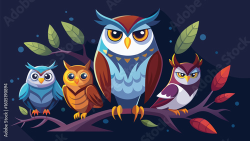 Colorful Owls Perched on Branch at Night