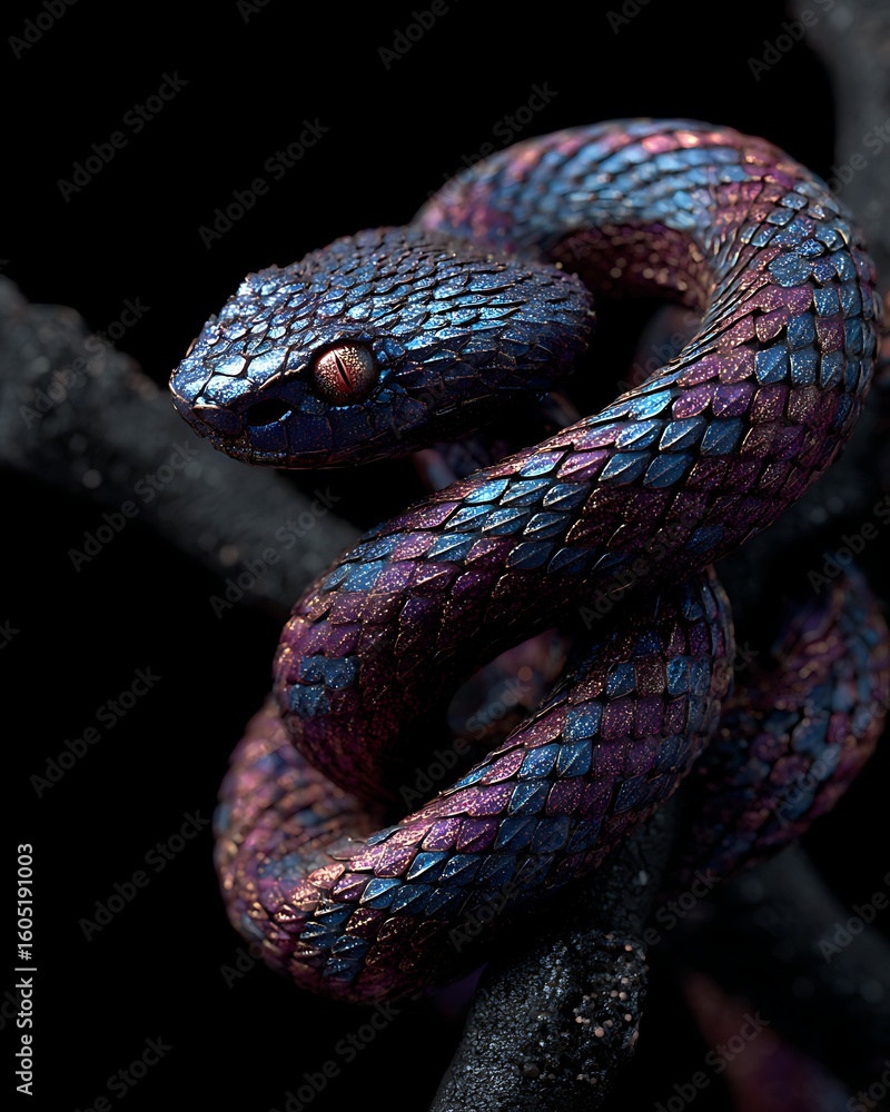 Obraz premium Closeup of a beautiful iridescent viper coiled on a branch