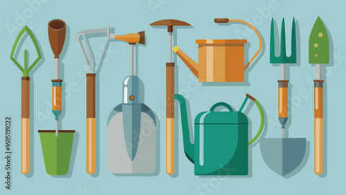 Gardening tools watering cans trowels spades forks vector