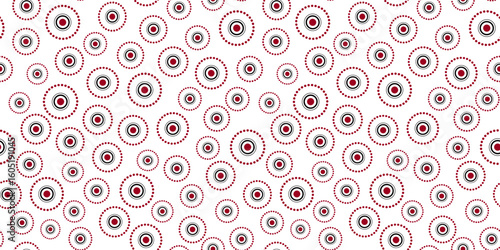 Seamless pattern of round elements different sizes. Ornament of random circles and dots. Red, black circular motifs on white background. Simple abstract geometry ornament for holiday decor.