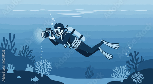 Underwater Photography Adventurer Capturing Marine Life In Blue Depths