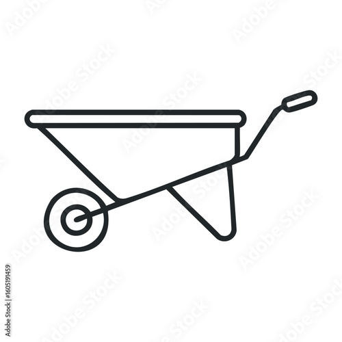 Outline of a wheelbarrow showing simple design with single wheel and handles. Vector illustration