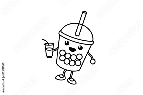 Bubble Tea Mascot With Straw And Bouncing Boba