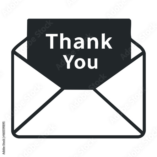 Thank you note in open envelope icon on white background. Vector illustration
