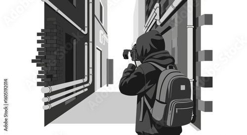 Urban Photographer Capturing Cityscapes In A Narrow Alleyway With Dramatic Shadows