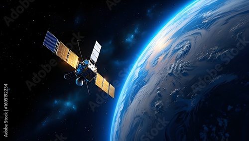 Fototapeta Naklejka Na Ścianę i Meble -  Sleek High-Tech Artificial Satellite Orbiting Earth Amid Twinkling Stars