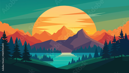 Stylized vector illustration of a sunset over mountains and lake trees landscape