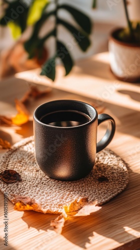 Warm Coffee Mug Rests on Wooden Table Surrounded by Autumn Leaves in a Tranqu...