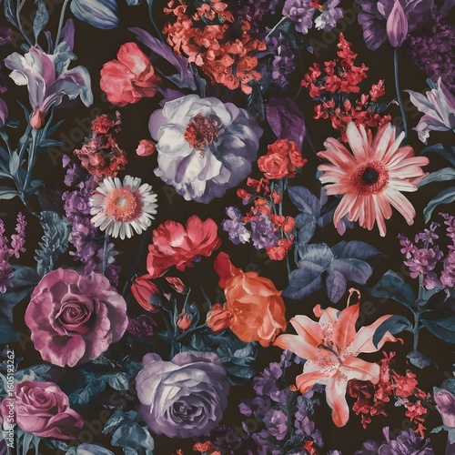 Dark romantic floral wallpaper with rich jewel tones and a seamless repeat pattern