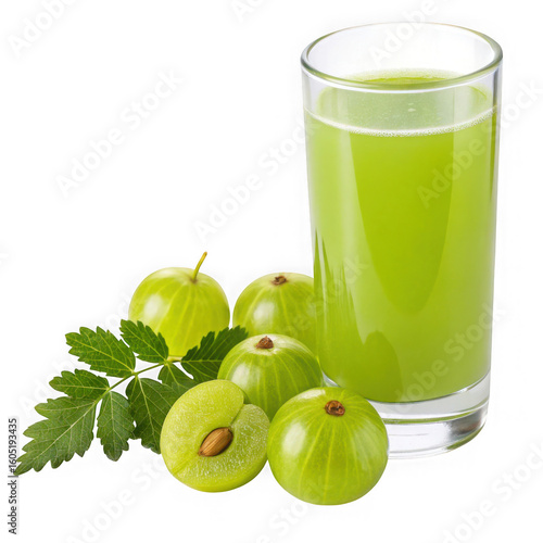 Freshly squeezed green gooseberry juice with whole and halved fruits isolated on transparent background