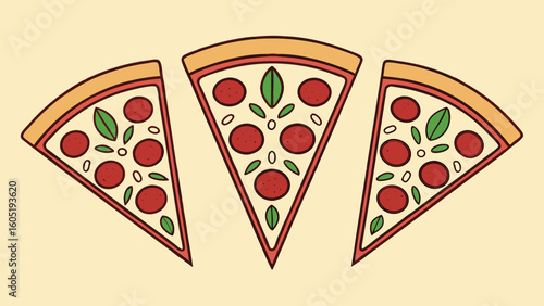 Three pepperoni and basil pizza slices with creamy crust cheese