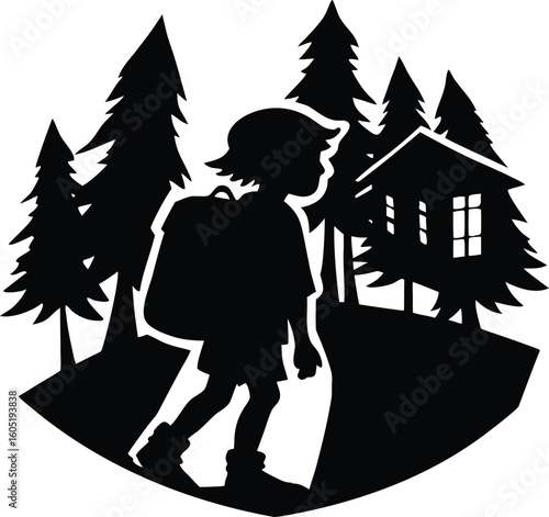 child returning from camp silhouette, child coming home from camp silhouette