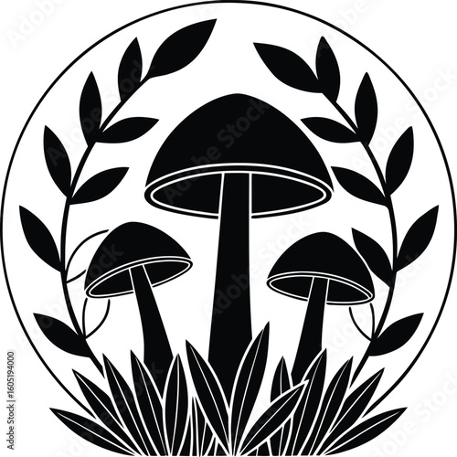 Black and white graphic illustration of three mushrooms with leaves and grass inside a circle