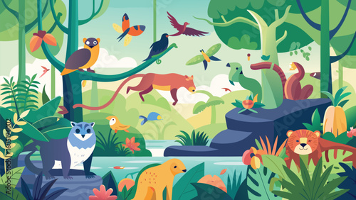 Vibrant jungle scene with diverse animals and lush foliage rainforest wildlife