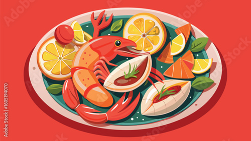 Vibrant seafood platter with grilled shrimp lemon and herbs lemon slices orange wedges