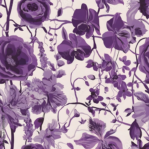 Elegant purple floral pattern with roses and orchids on a cream background