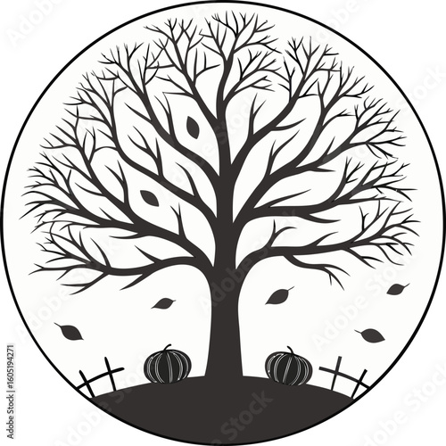 Black silhouette of a bare tree with falling leaves and pumpkins in a circular frame