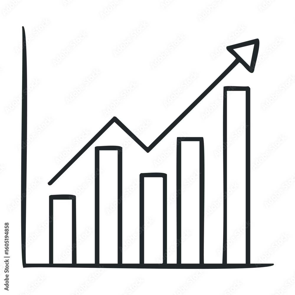 Fototapeta premium Rising bar graph with ascending arrow indicating growth and progress. Vector illustration