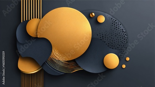 Abstract design with gold shapes on a dark background.