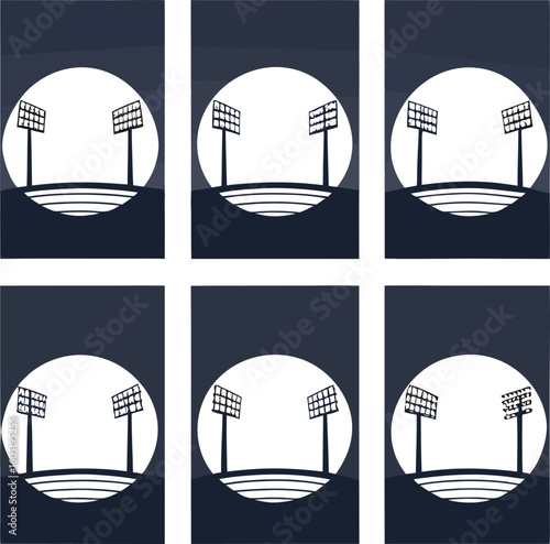 Six panel grid of stadium floodlights against a bright white circle and dark blue background