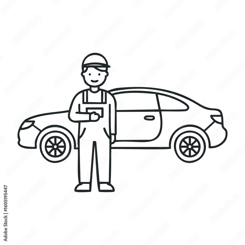 Male mechanic icon with caucasian features standing next to car outline. Vector illustration Male mechanic icon with caucasian features standing next to car outline. Vector illustration