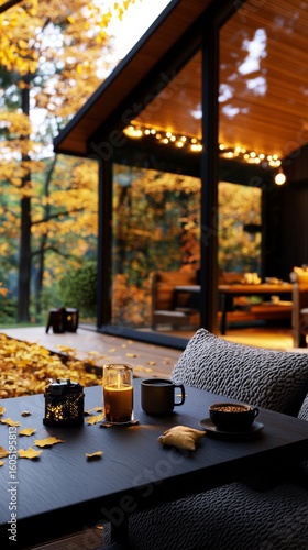 Cozy Autumn Evening With Warm Drinks and Fall Leaves in a Modern Cabin