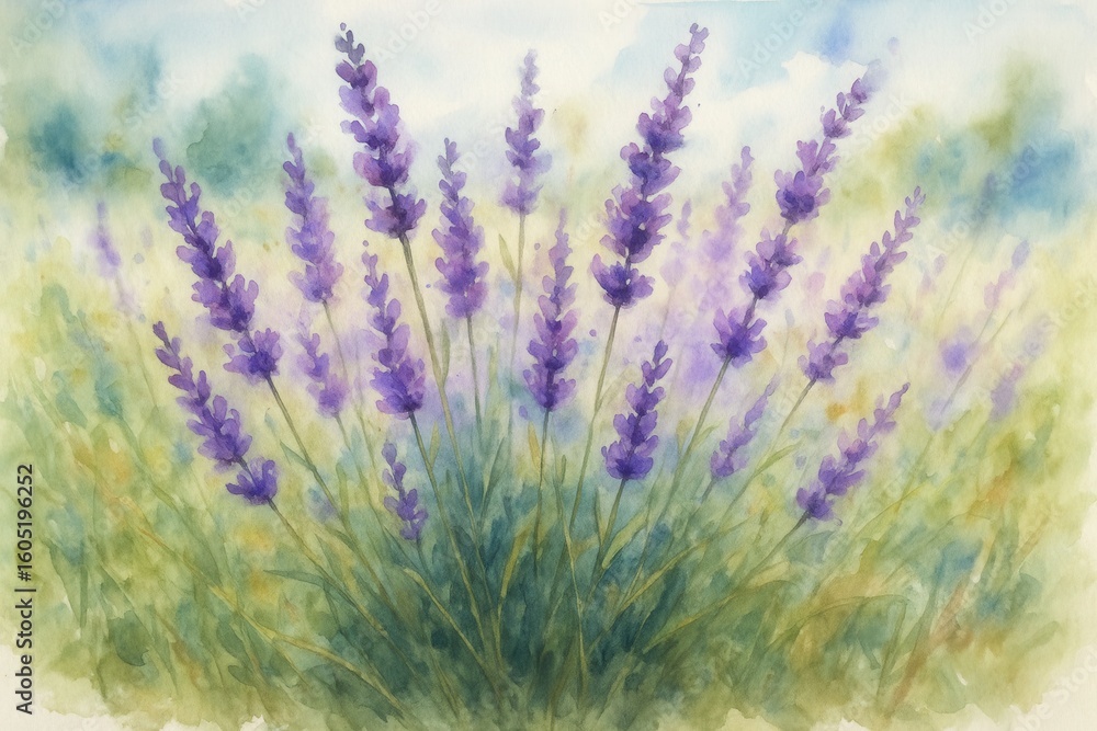 Fototapeta premium Delicate botanical watercolor illustration featuring lavender field in full bloom with soft purple hues and artistic brushstrokes