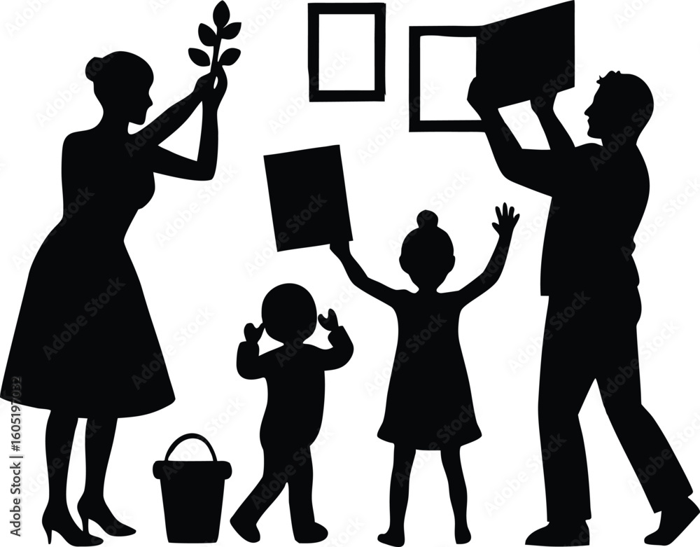 family decorating memory wall silhouette, family creating memory wall silhouette