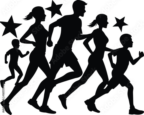 family doing charity run silhouette, family running for charity silhouette