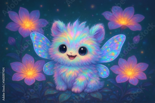 Adorable fantasy creature with iridescent fur and butterfly wings sitting in enchanted flower garden