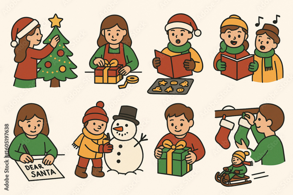 Fototapeta premium Set of Christmas Activity Icons in Flat Vector Style