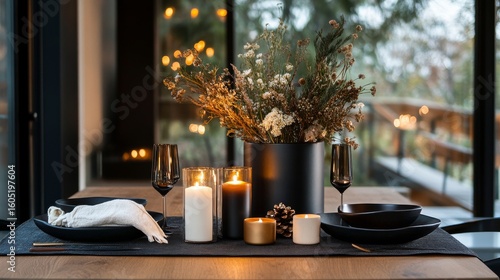 Elegant Dinner Table Setting With Candles and Holiday Decorations in Cozy Atm...