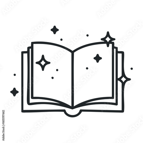 Open magic book with sparkles and stars - enchanted reading experience. Vector illustration