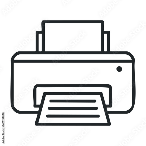 Simple monochrome line drawing of a printer with paper. Vector illustration