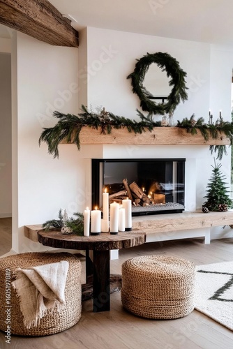 Cozy Fireplace Adorned With Candles and Greenery for a Warm Evening Atmosphere.
