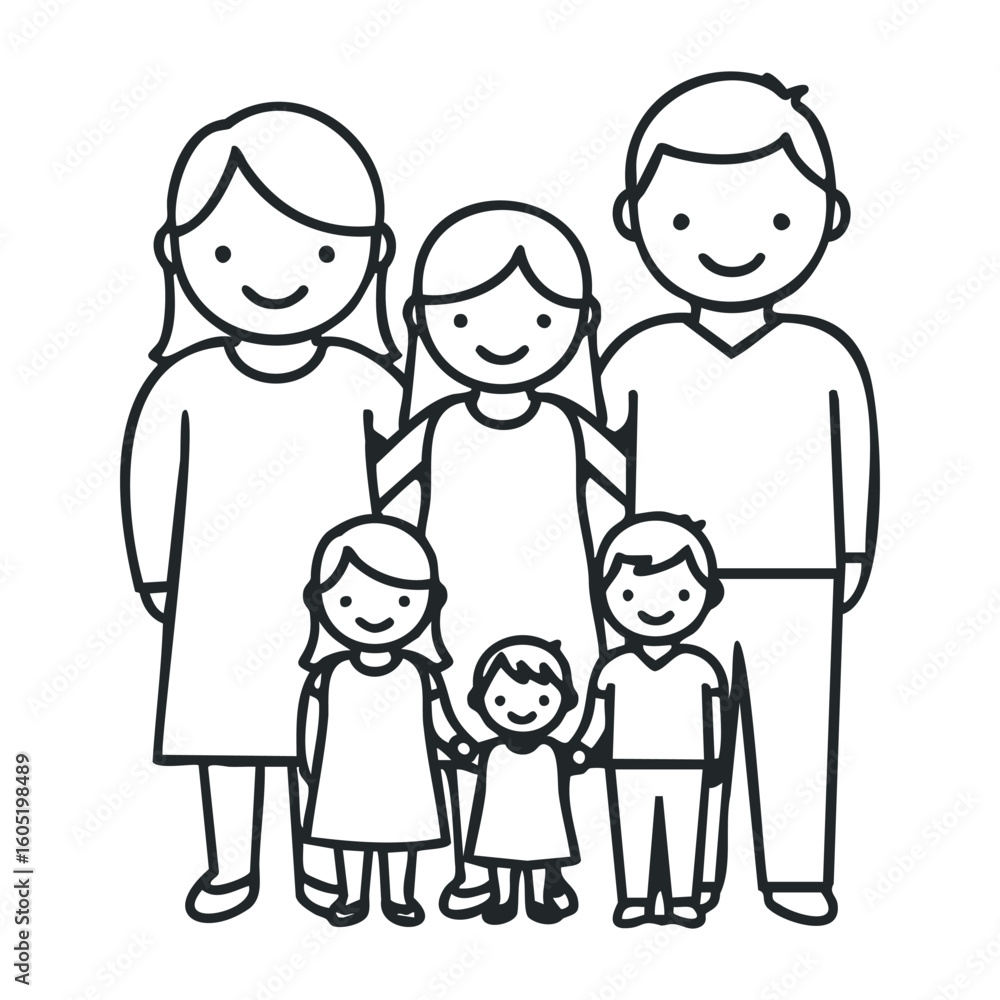 Diverse family: caucasian adults with young and child children in a simple outline style. Vector illustration Diverse family: caucasian adults with young and child children in a simple outline style. Vector illustration