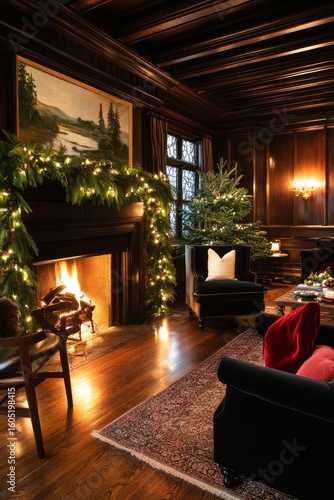 Cozy Winter Evening by the Fireplace With Christmas Stockings and Festive Dec...