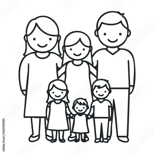 Diverse family: caucasian adults with young and child children in a simple outline style. Vector illustration