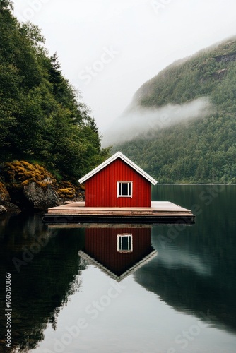 Red Cabin on a Floating Dock Reflects in Still Mountain Lake Surrounded by Mi...