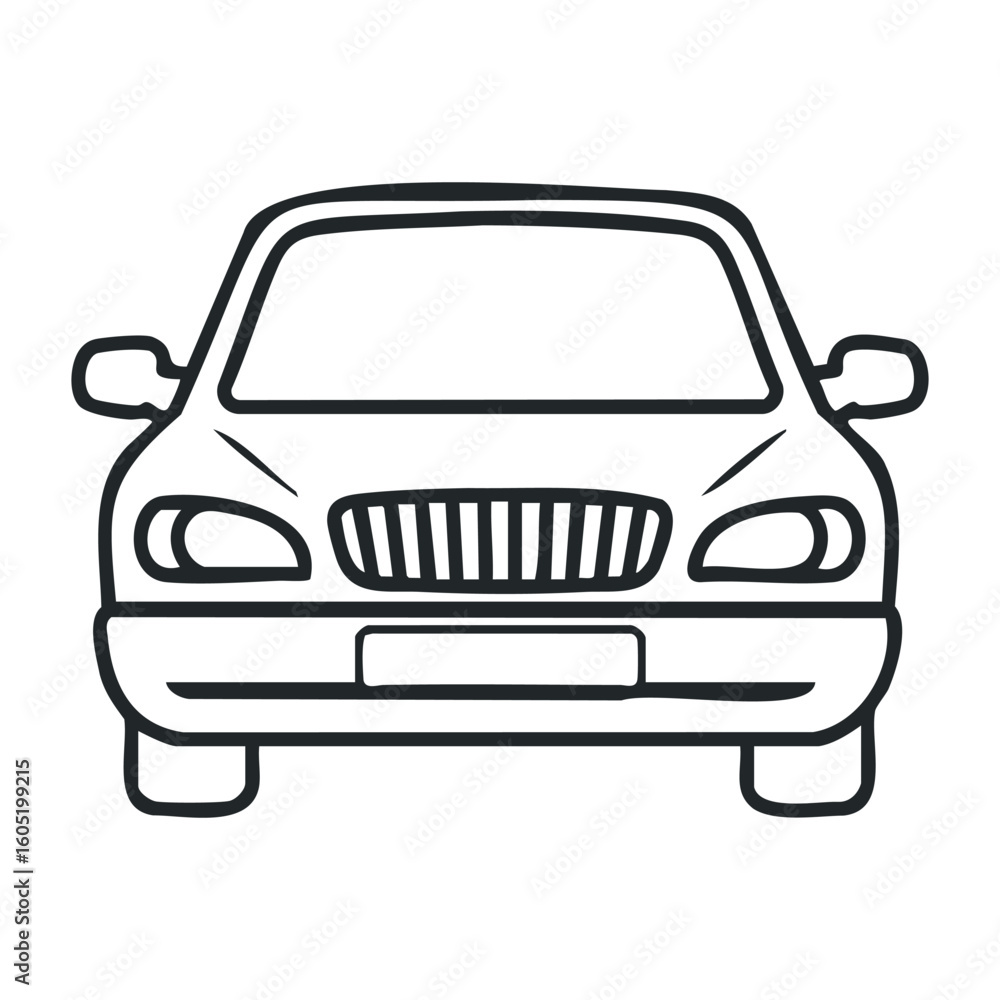 Simple black outline of a sedan car front view with visible grille and headlights. Vector illustration Simple black outline of a sedan car front view with visible grille and headlights. Vector illustration