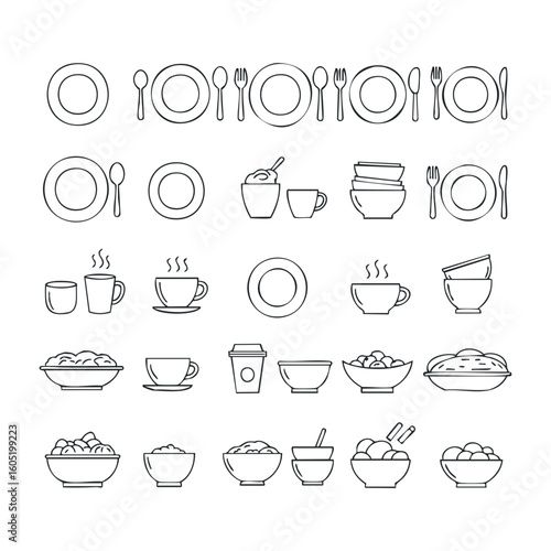Minimalist line art of tableware and dishes in various arrangements for dining settings. Vector illustration