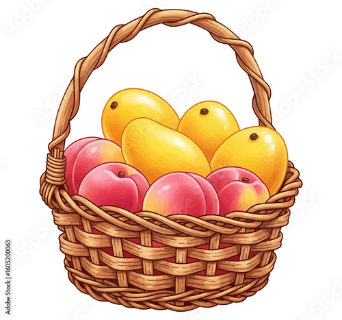 A colorful wicker basket brimming with fresh, ripe fruits and eggs, perfect for a healthy Easter holiday