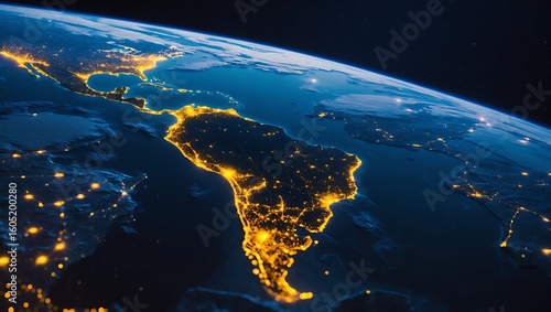 Illuminated south america at night as seen from space with city lights glowing