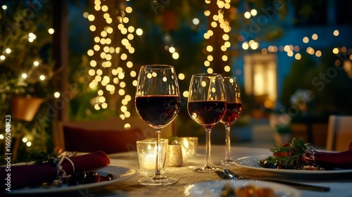 Elegant Dinner Setting With Warm Lighting and Fine Wine During a Romantic Eve...