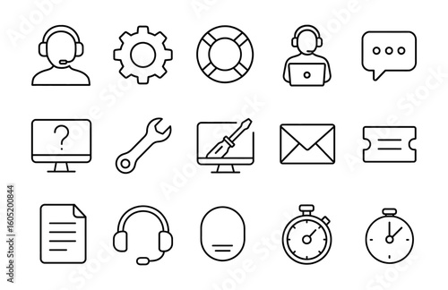 Support service icons with headset, gear, lifebuoy, wrench, screwdriver, envelope, ticket, timer