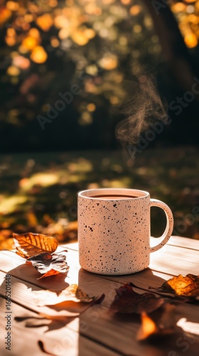 Warm Coffee Mug Rests on Wooden Table Surrounded by Autumn Leaves in a Tranqu...